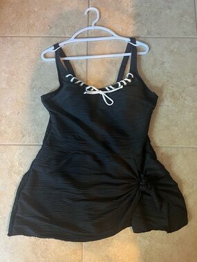 Black One-Piece Swim Dress with White Lace Accent